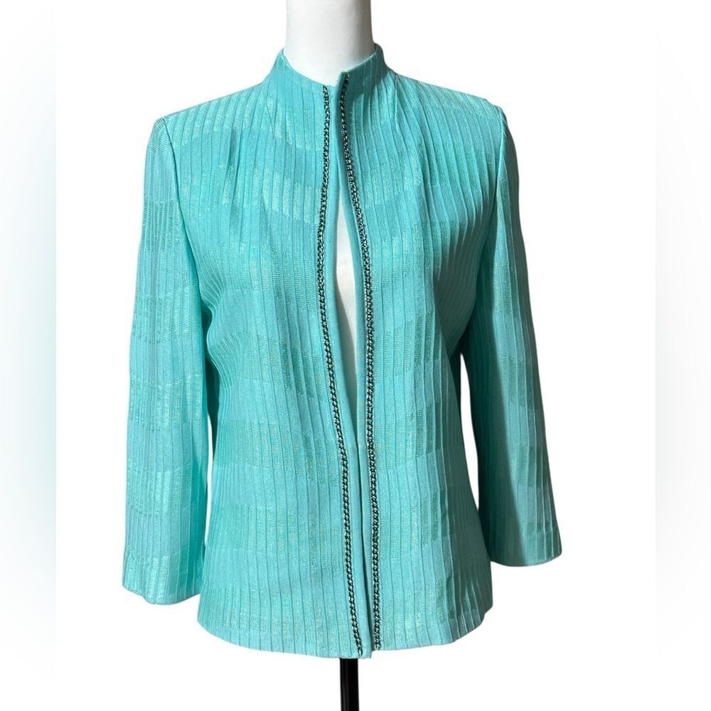 Ming Wang Turquoise Aqua Chain Textured Knit Clasp Open Cardigan Sweater Jacket
